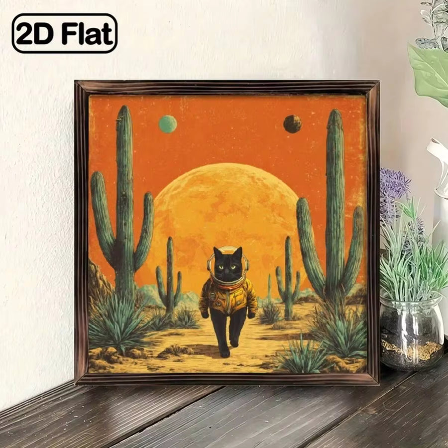 1 Vintage Astronaut Black Cat Space Art Wooden Wall Decor - 8x8inch Rustic Style Framed Desert Night Sky Illustration, Featuring Cactus And Planets, Whimsical Space Theme Indoor/Outdoor Decoration, Suitable For Home, Office, Cafe - Durable Wooden Pri